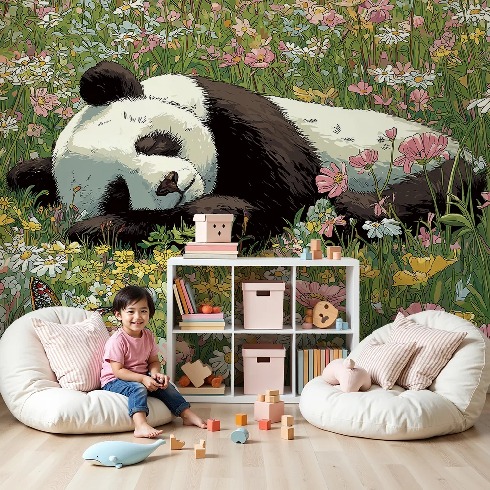 Gyermekszoba tapéta | Alvó panda színes virágok között