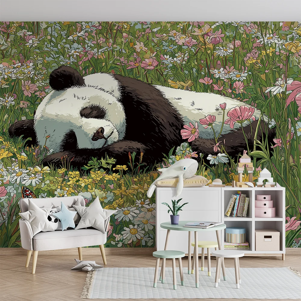 Gyermekszoba tapéta | Alvó panda színes virágok között