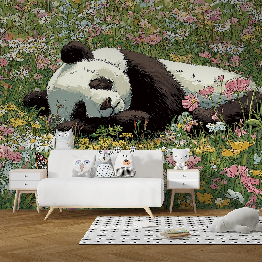Gyermekszoba tapéta | Alvó panda színes virágok között