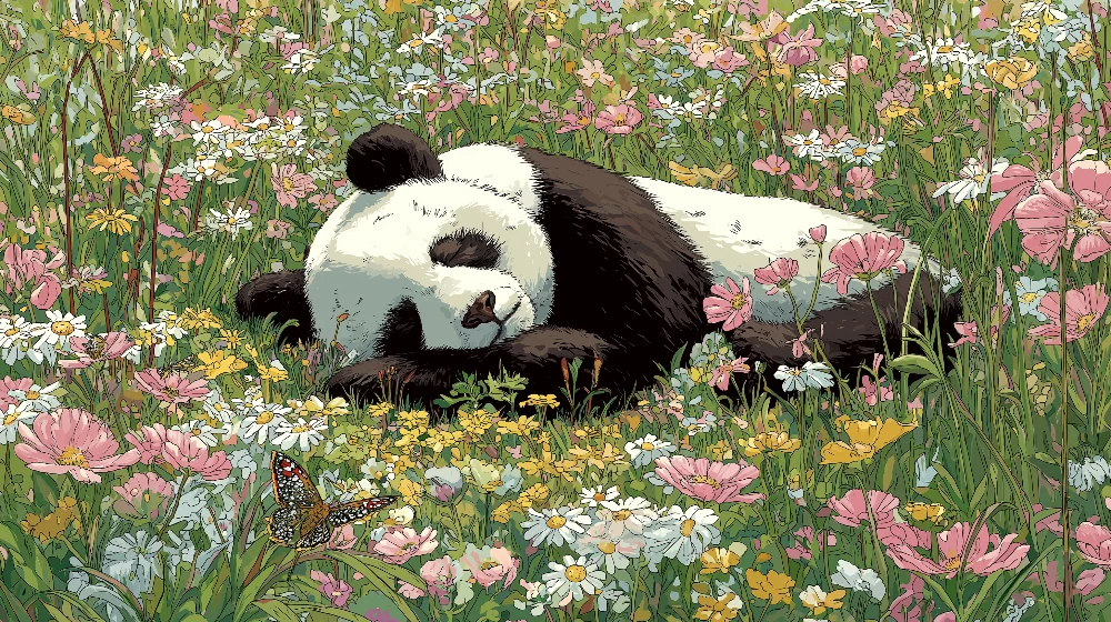 Gyermekszoba tapéta | Alvó panda színes virágok között
