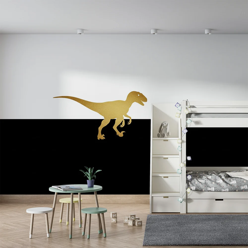 Gyermekszoba tapéta | Arany dinoszaurusz fekete-fehér háttéren