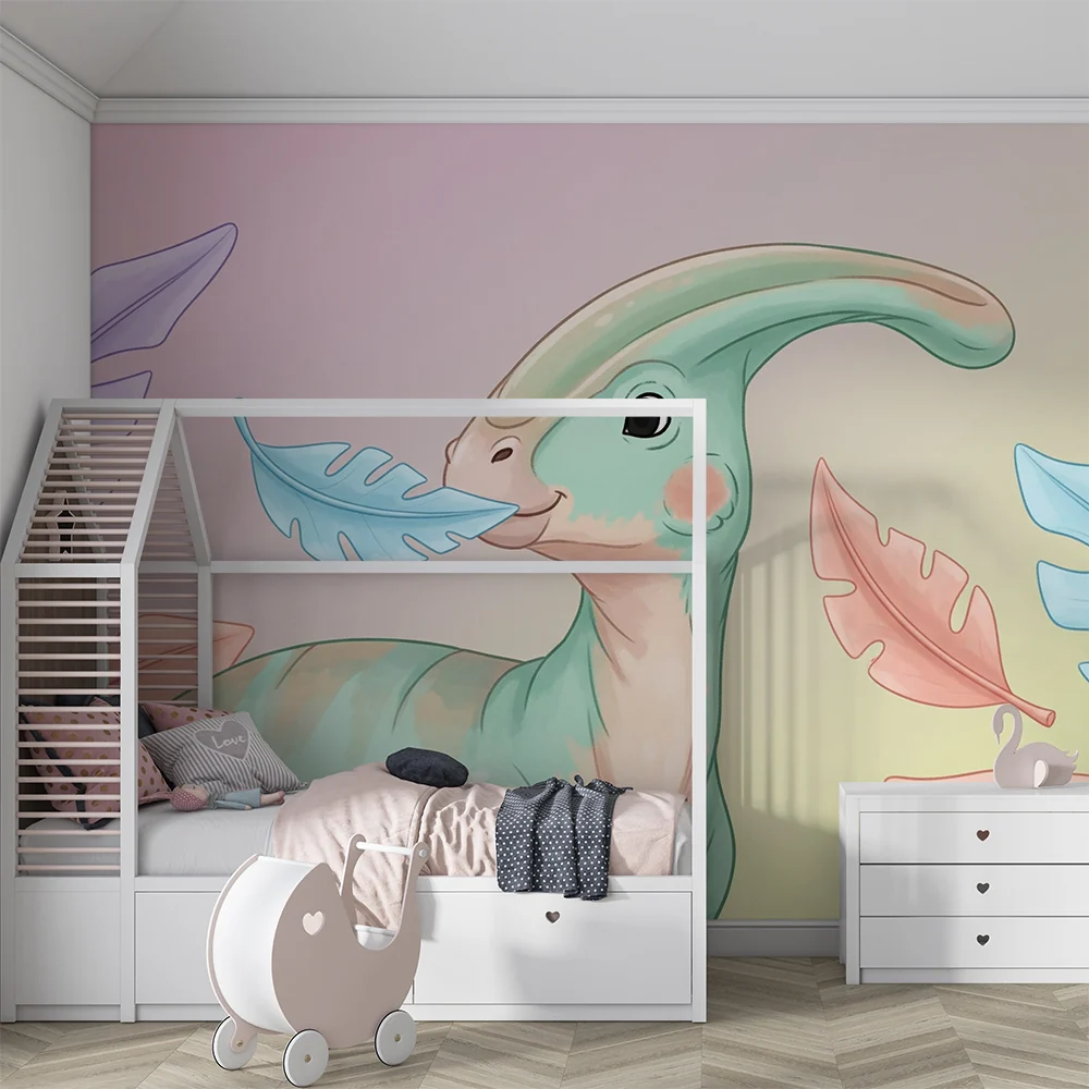 Gyermekszoba tapéta | Aranyos dinoszaurusz színes levelekkel