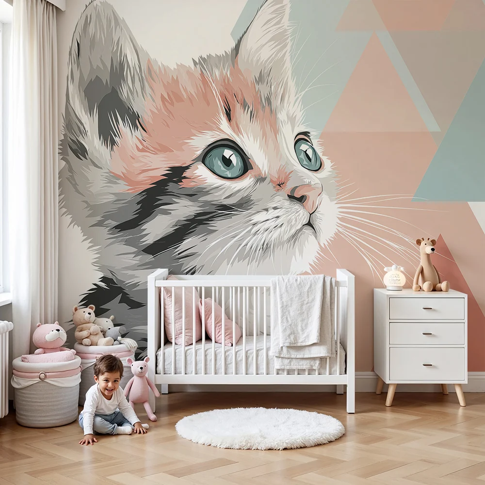 Gyermekszoba tapéta | Aranyos kiscica pasztell geometriai formákkal