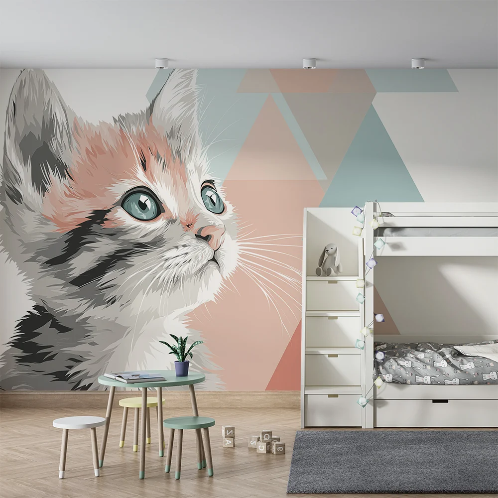 Gyermekszoba tapéta | Aranyos kiscica pasztell geometriai formákkal