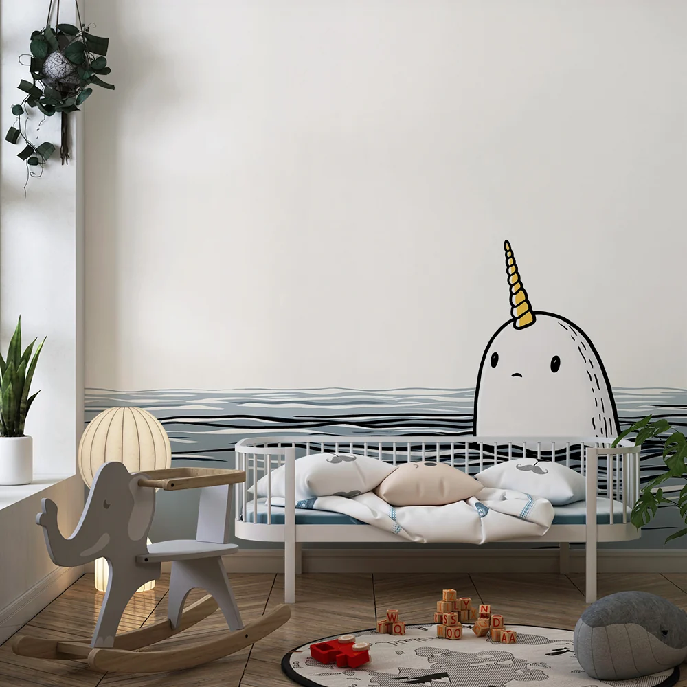 Gyermekszoba tapéta | Aranyos narvál hullámokból felbukkanva