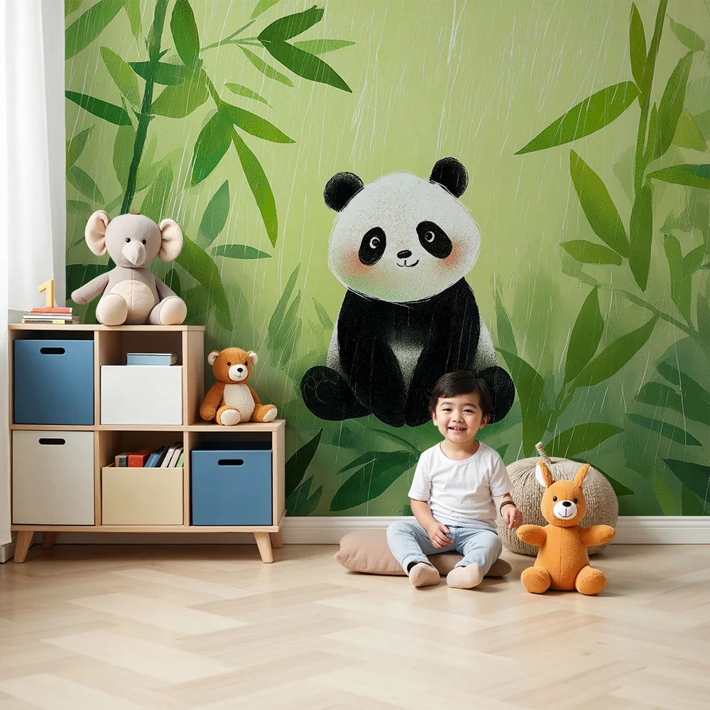 Gyermekszoba tapéta | Aranyos panda bambuszok között az esőben