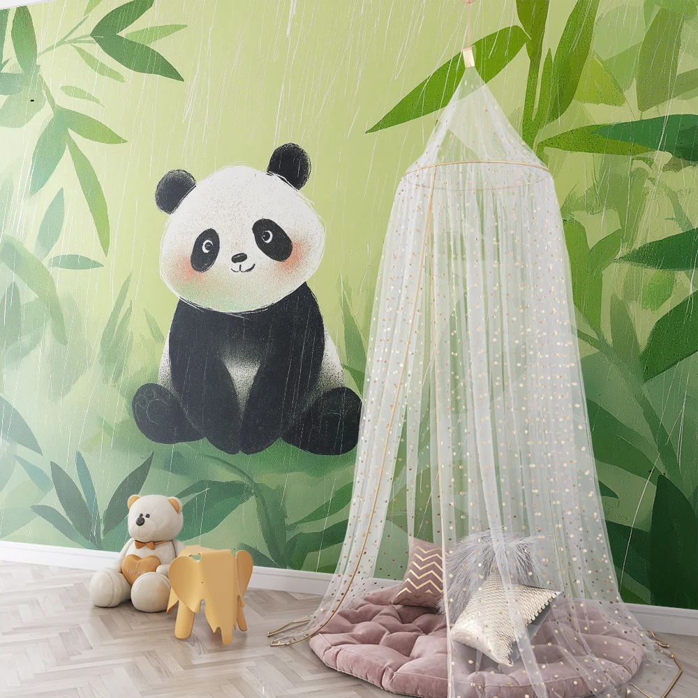 Gyermekszoba tapéta | Aranyos panda bambuszok között az esőben