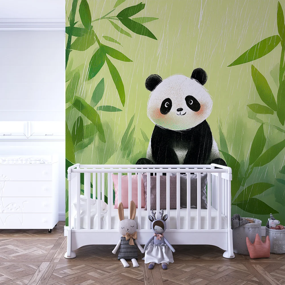 Gyermekszoba tapéta | Aranyos panda bambuszok között az esőben