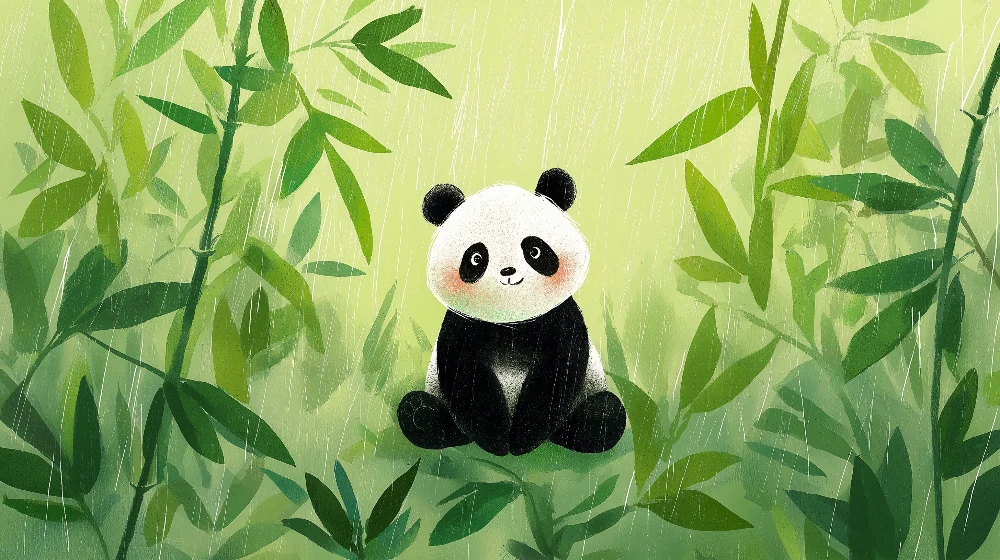 Gyermekszoba tapéta | Aranyos panda bambuszok között az esőben
