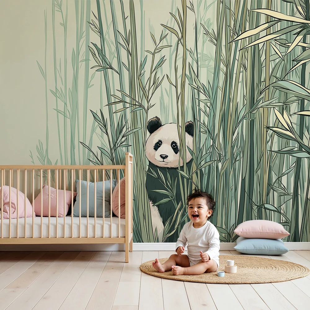 Gyermekszoba tapéta | Aranyos panda rejtőzik bambuszok között