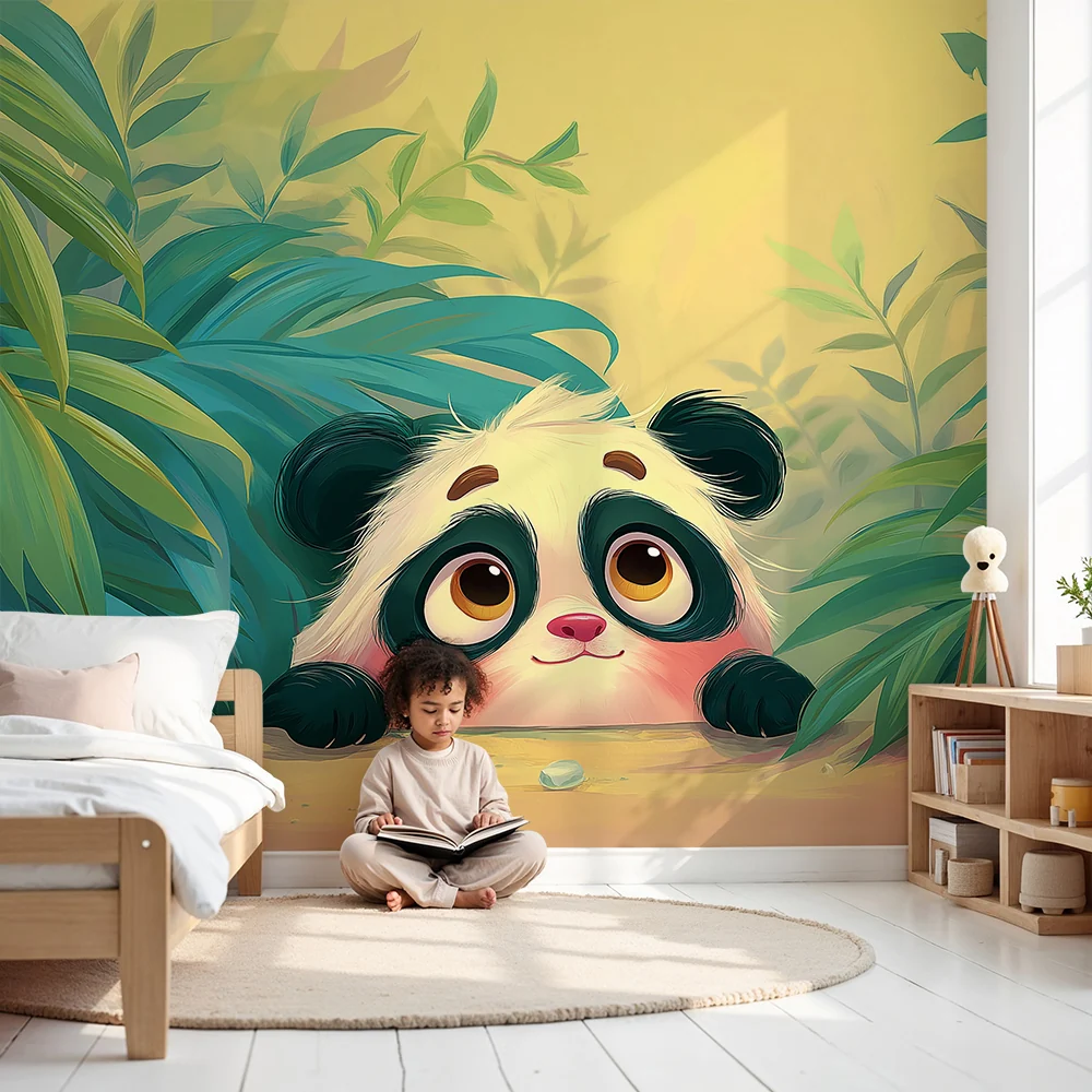 Gyermekszoba tapéta | Aranyos panda rejtőzik zöld dzsungelben