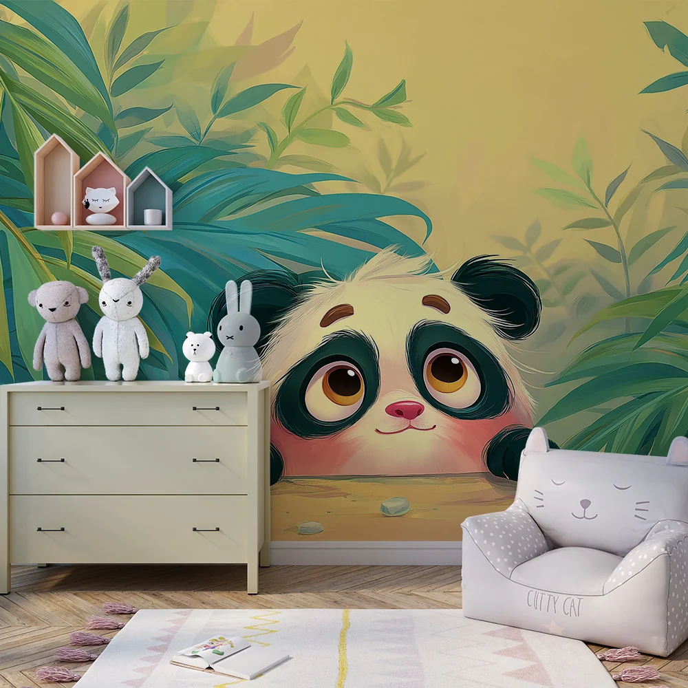 Gyermekszoba tapéta | Aranyos panda rejtőzik zöld dzsungelben