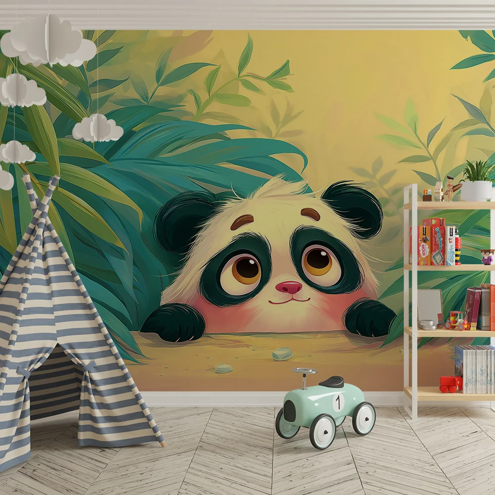Gyermekszoba tapéta | Aranyos panda rejtőzik zöld dzsungelben
