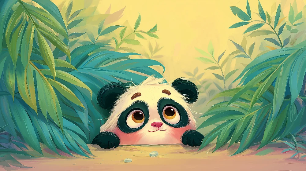 Gyermekszoba tapéta | Aranyos panda rejtőzik zöld dzsungelben