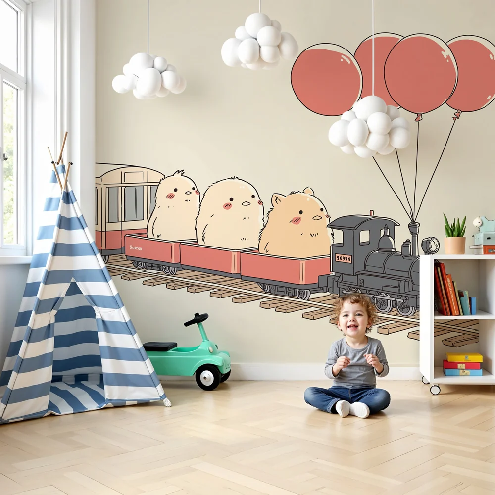 Gyermekszoba tapéta | Aranyos vonat állatokkal és léggömbökkel