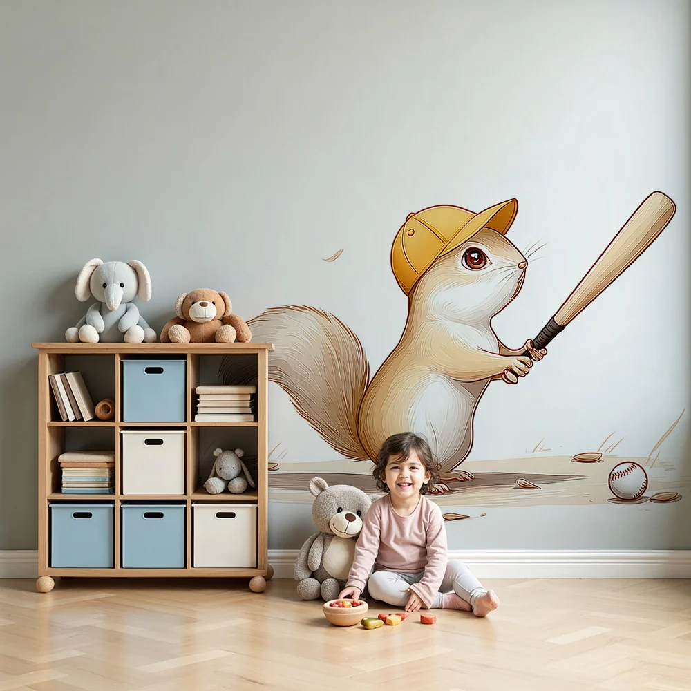 Gyermekszoba tapéta | Baseball játékos mókus ütővel és labdákkal