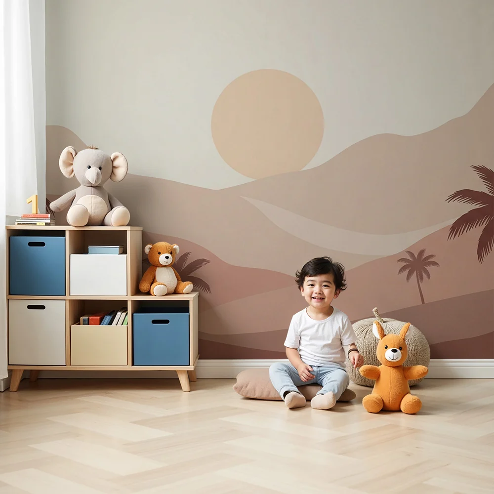 Gyermekszoba tapéta | Beige és terrakotta táj pálmafákkal és lenyugvó nappal
