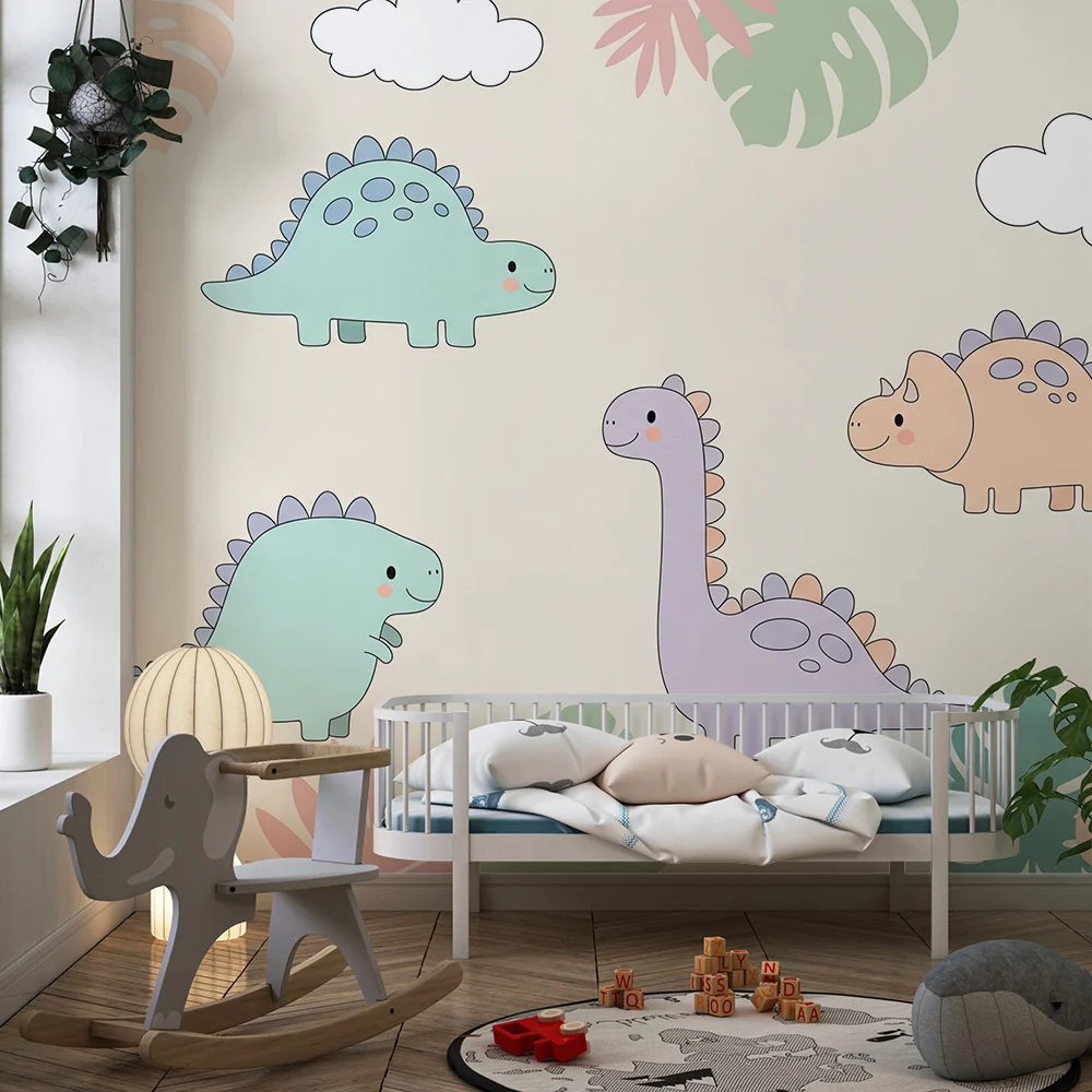 Gyermekszoba tapéta | Bájos, színes dinoszauruszok és trópusi lombkorona