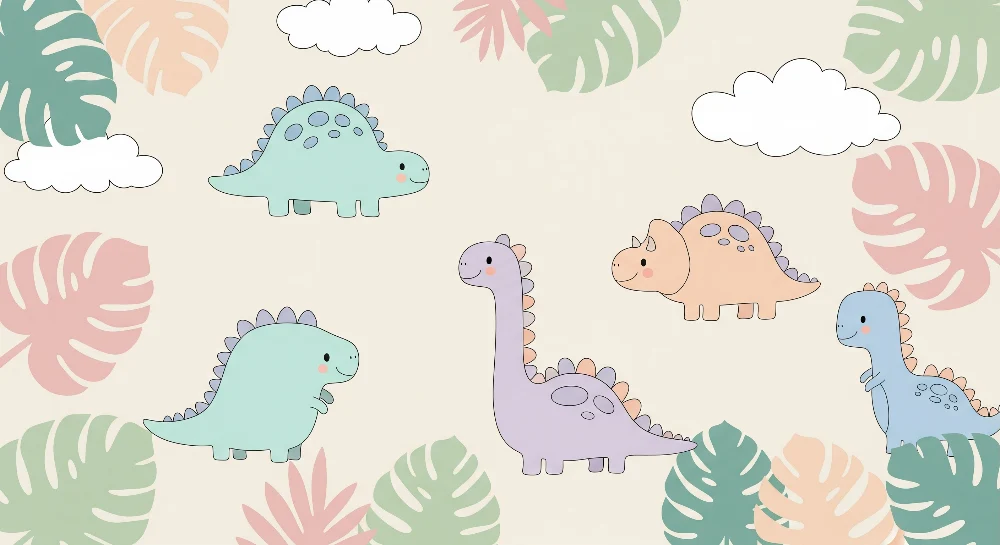 Gyermekszoba tapéta | Bájos, színes dinoszauruszok és trópusi lombkorona