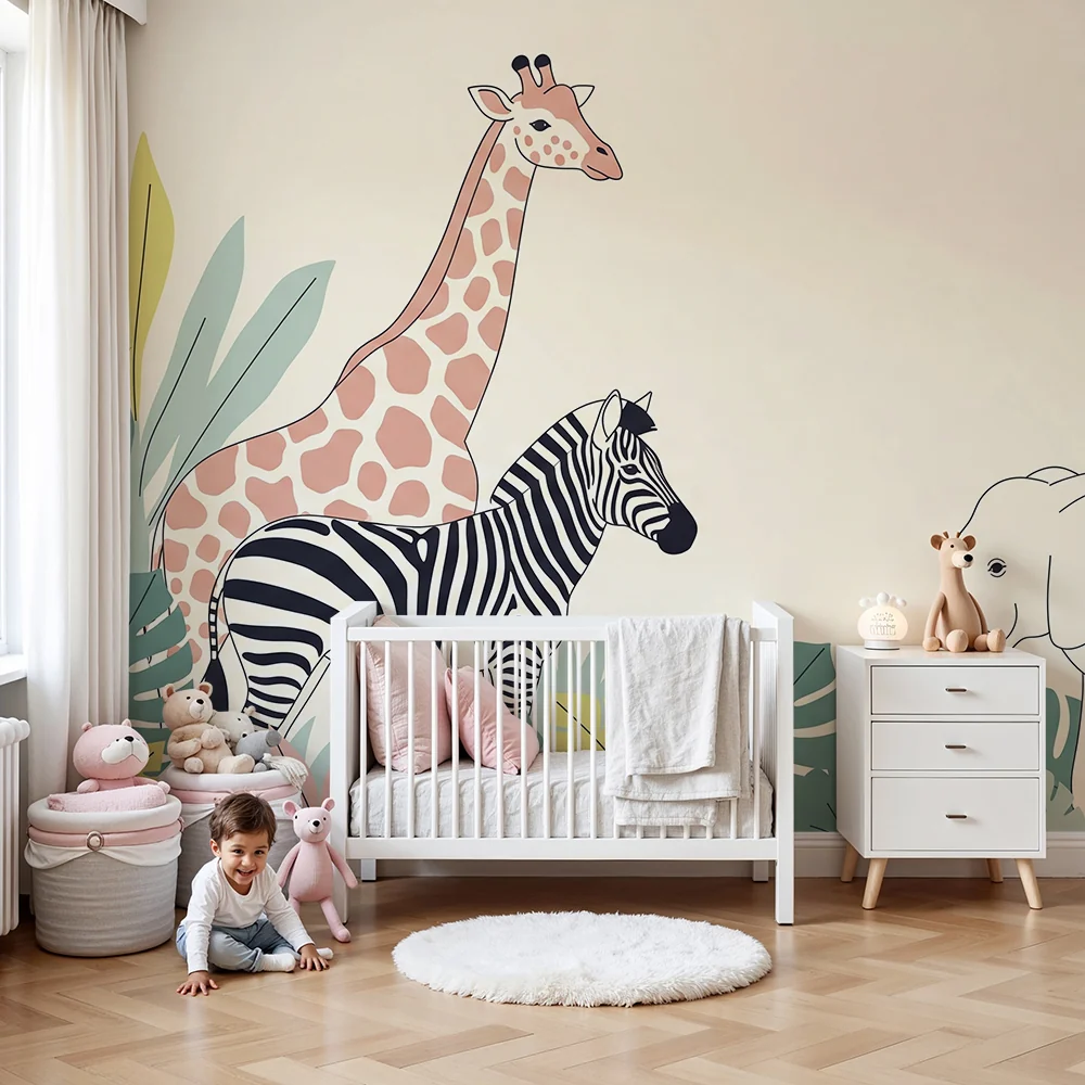 Gyermekszoba tapéta | Dzsungel állatok zebra, zsiráf és elefánttal