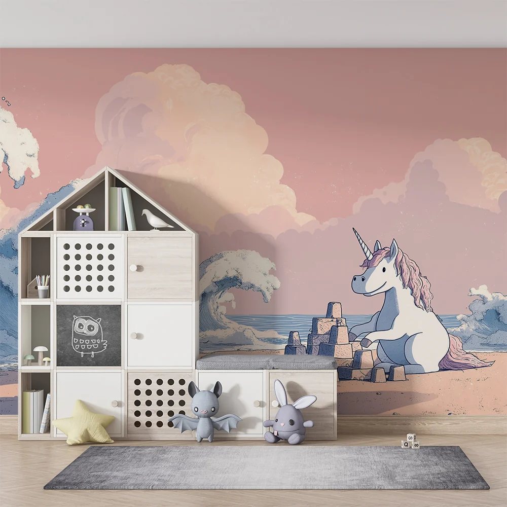 Gyermekszoba tapéta | Egy szivárványos homokvár építése tengerparton