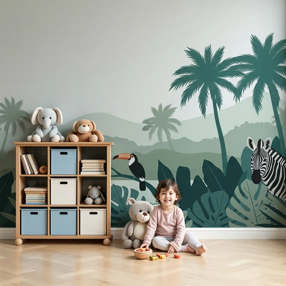 Gyermekszoba tapéta | Egzotikus dzsungel leopárd, zebra és tukanral