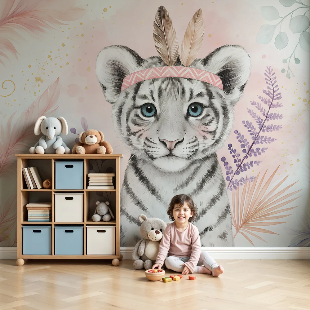 Gyermekszoba tapéta | Elegáns fehér tigris tollakkal
