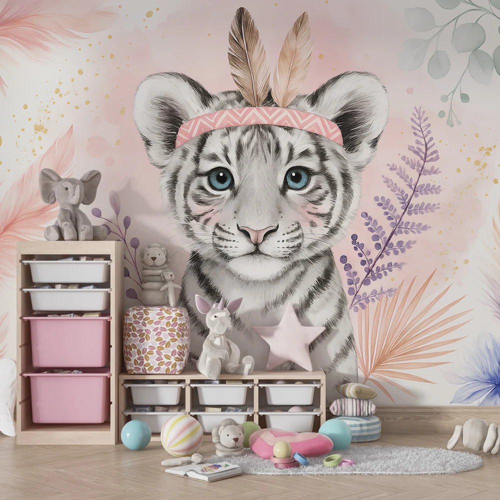 Gyermekszoba tapéta | Elegáns fehér tigris tollakkal