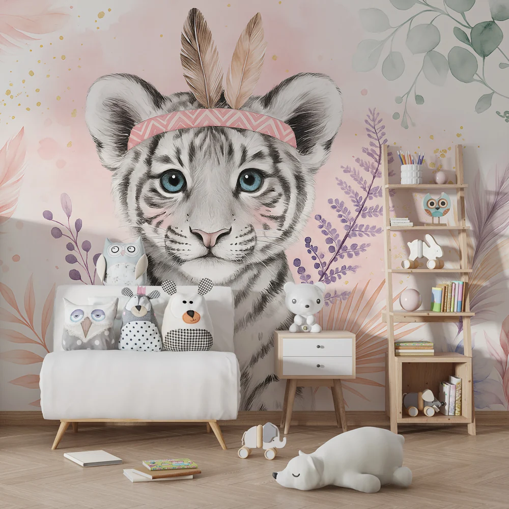 Gyermekszoba tapéta | Elegáns fehér tigris tollakkal