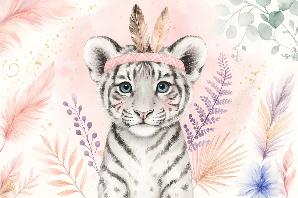 Gyermekszoba tapéta | Elegáns fehér tigris tollakkal