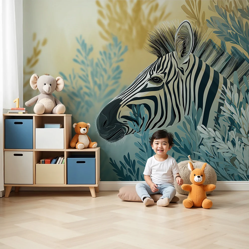 Gyermekszoba tapéta | Elegáns zebra puha lombozatok között