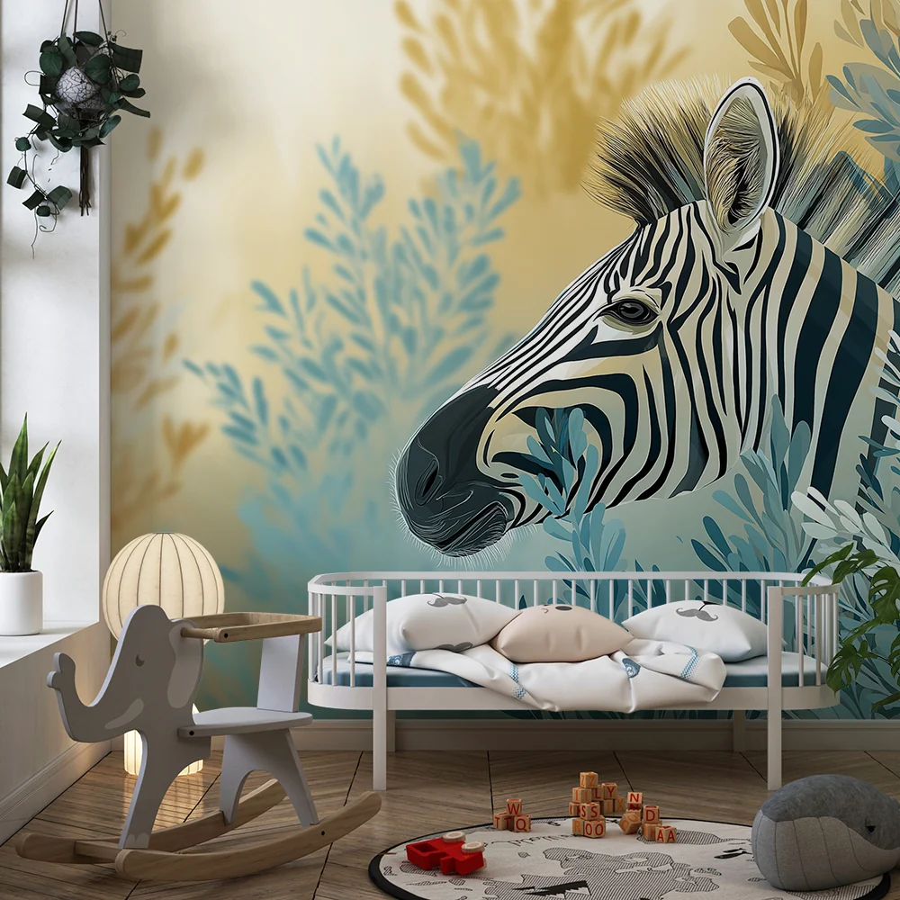 Gyermekszoba tapéta | Elegáns zebra puha lombozatok között