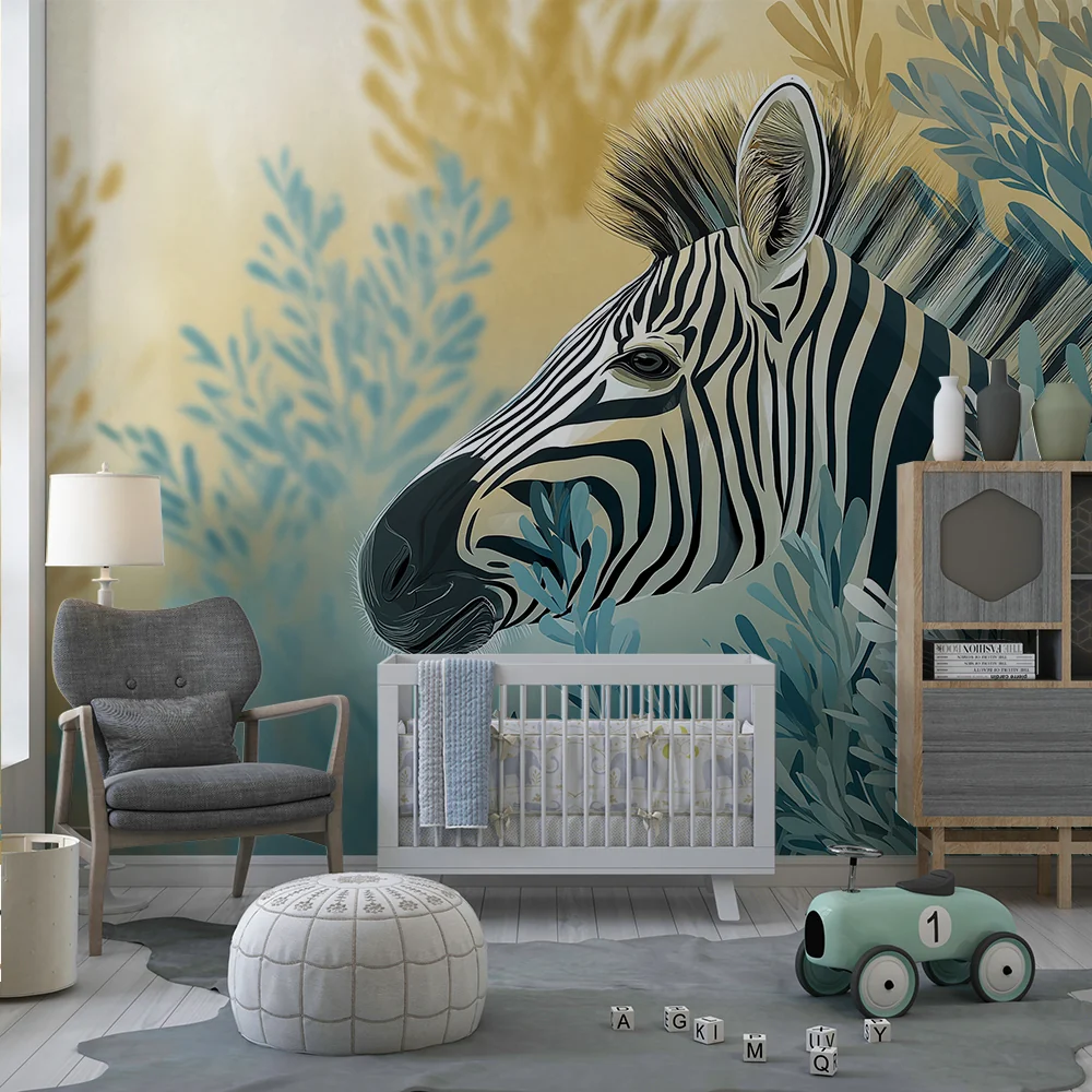 Gyermekszoba tapéta | Elegáns zebra puha lombozatok között