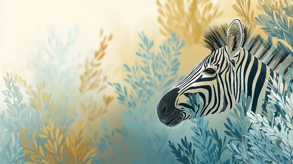 Gyermekszoba tapéta | Elegáns zebra puha lombozatok között