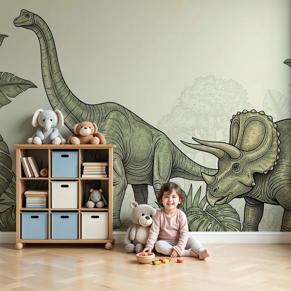 Gyermekszoba tapéta | Fenséges dinoszaurusz és buja növényzet