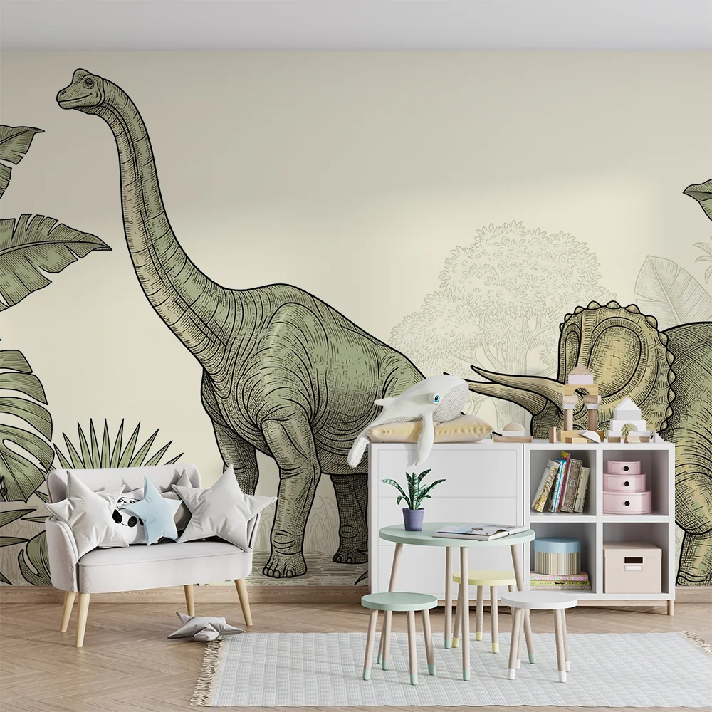 Gyermekszoba tapéta | Fenséges dinoszaurusz és buja növényzet