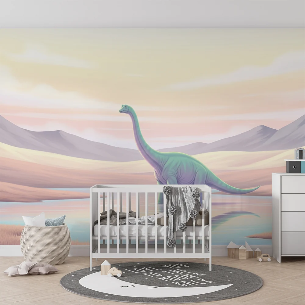 Gyermekszoba tapéta | Fenséges dinoszaurusz egy nyugodt tó partján