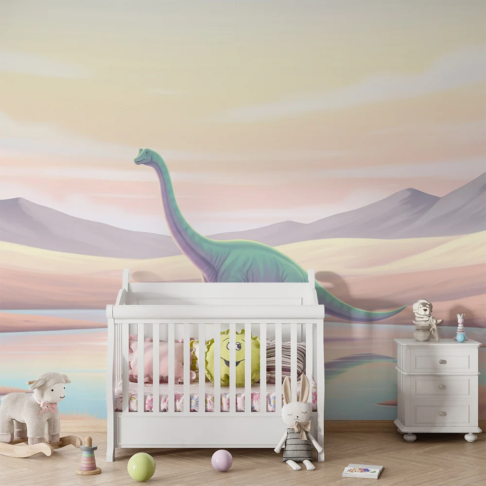 Gyermekszoba tapéta | Fenséges dinoszaurusz egy nyugodt tó partján