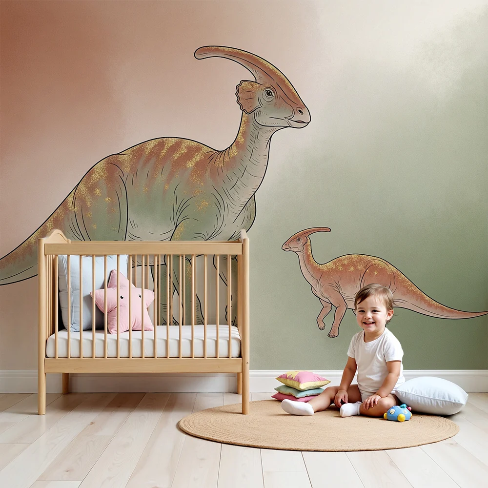 Gyermekszoba tapéta | Fenséges dinoszaurusz és kicsinye egy ősi környezetben