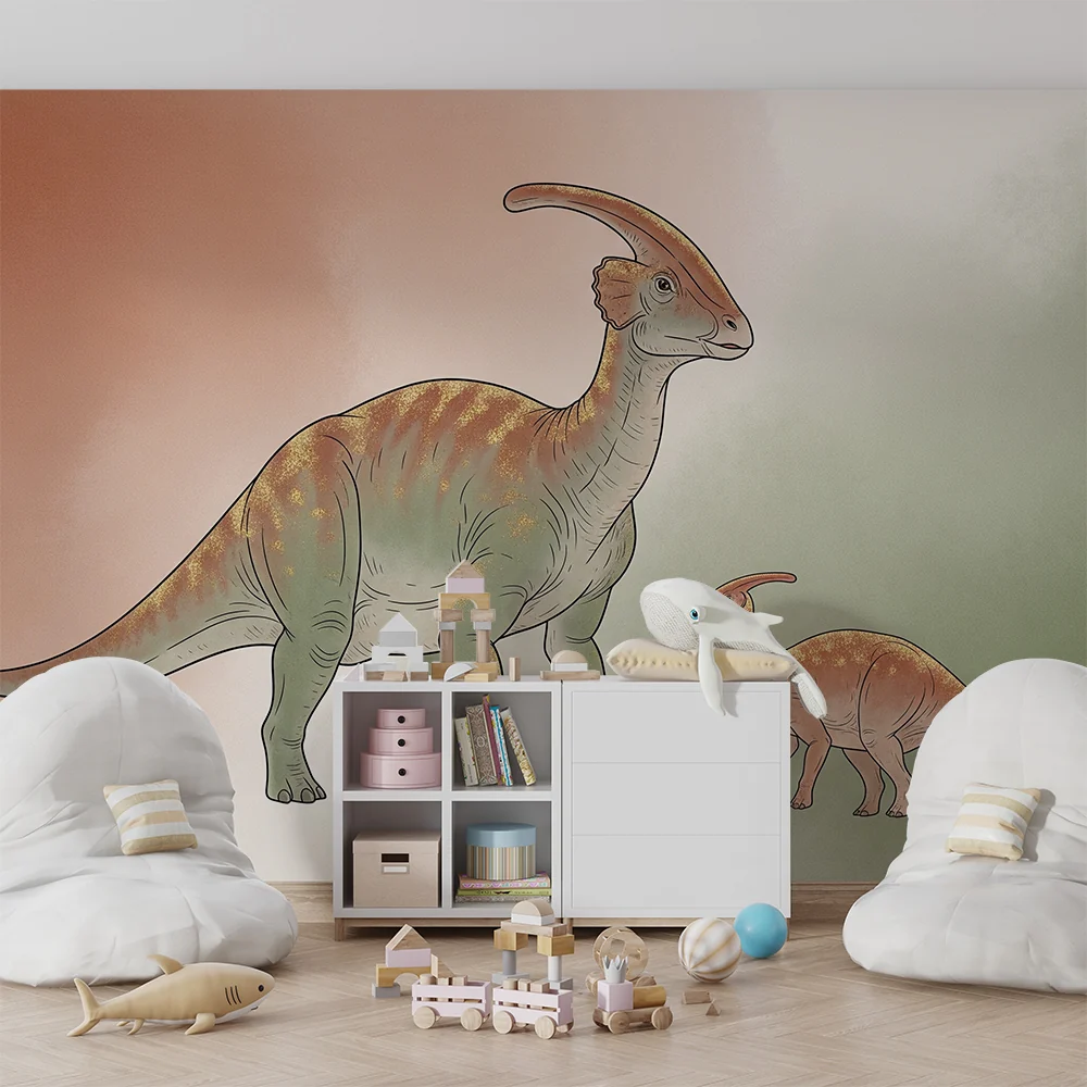 Gyermekszoba tapéta | Fenséges dinoszaurusz és kicsinye egy ősi környezetben