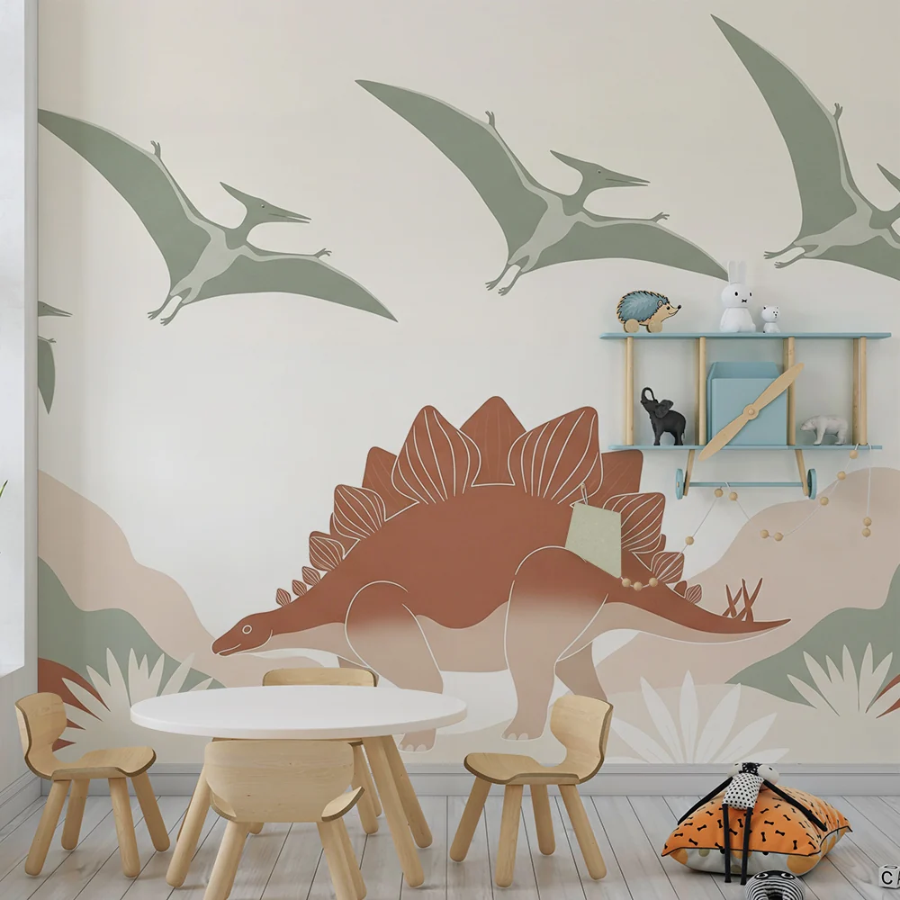 Gyermekszoba tapéta | Fenséges dinoszaurusz és pteroszaurusz repülése egy ősi tájban