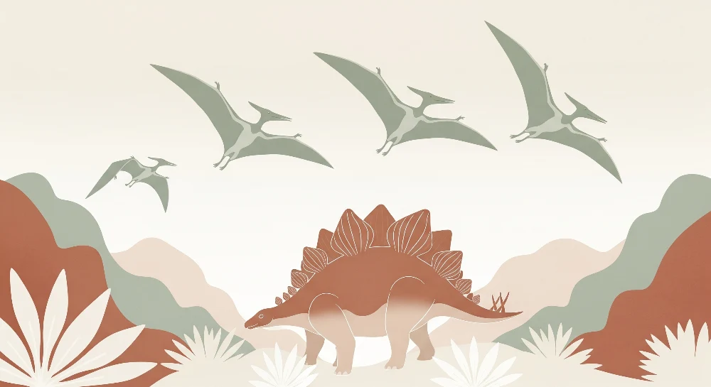 Gyermekszoba tapéta | Fenséges dinoszaurusz és pteroszaurusz repülése egy ősi tájban