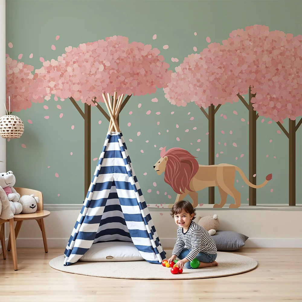 Gyermekszoba tapéta | Fenséges oroszlán virágzó cseresznyefák alatt