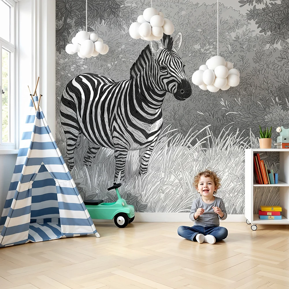 Gyermekszoba tapéta | Fenséges zebra fekete-fehér természetes környezetben