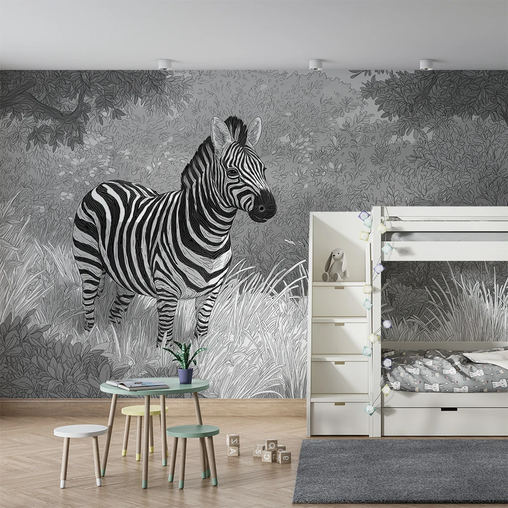 Gyermekszoba tapéta | Fenséges zebra fekete-fehér természetes környezetben