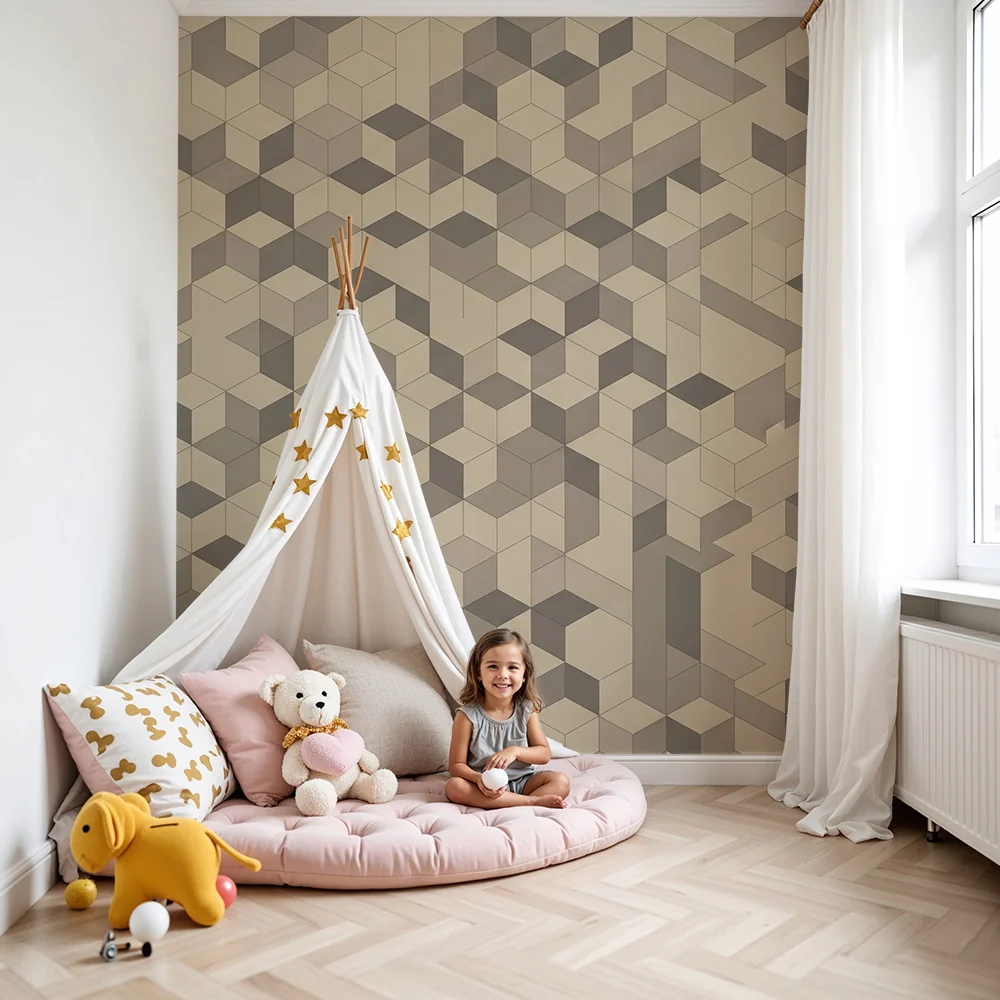 Gyermekszoba tapéta | Geometriai mintával, semleges árnyalatú kockákban