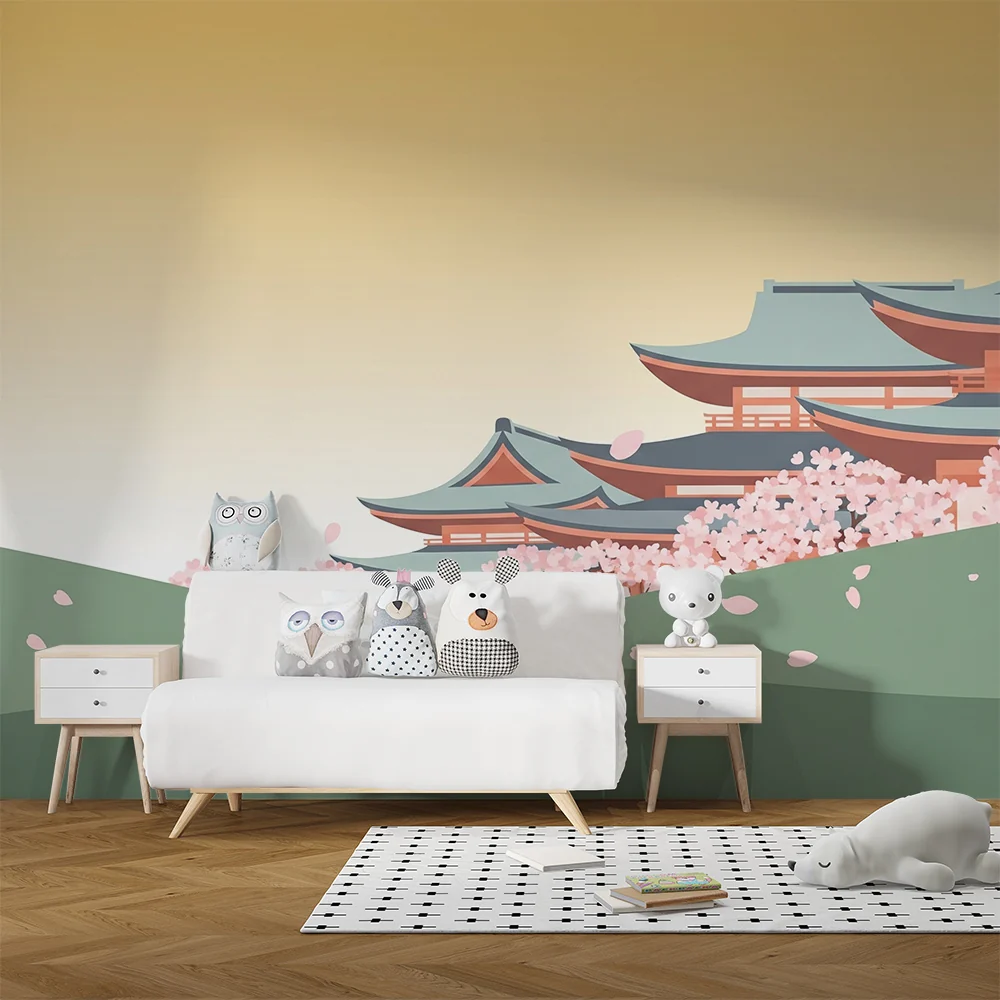 Gyermekszoba tapéta | Japán templomok virágzó cseresznyefák alatt