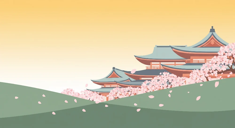 Gyermekszoba tapéta | Japán templomok virágzó cseresznyefák alatt
