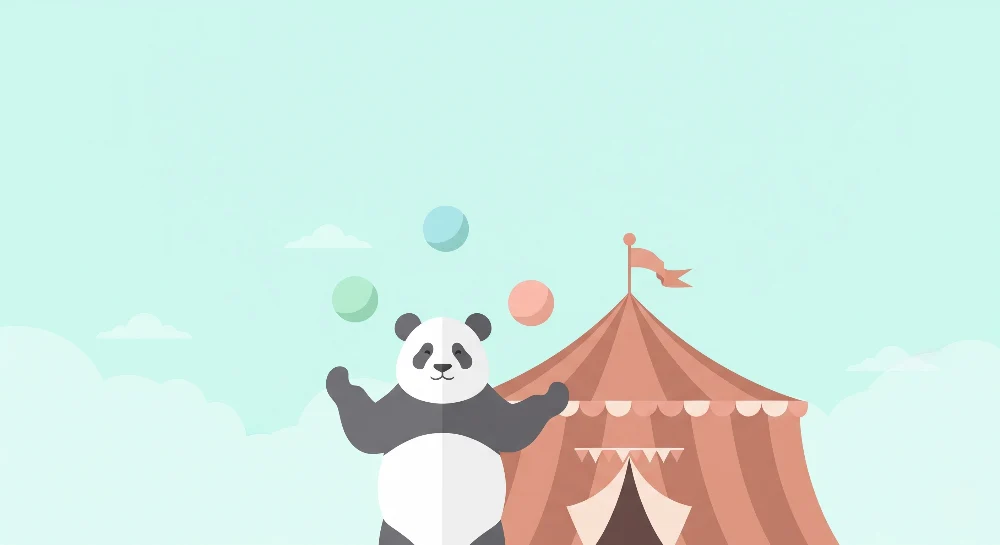 Gyermekszoba tapéta | Jonglőr panda kék égbolt alatt cirkusz sátor alatt