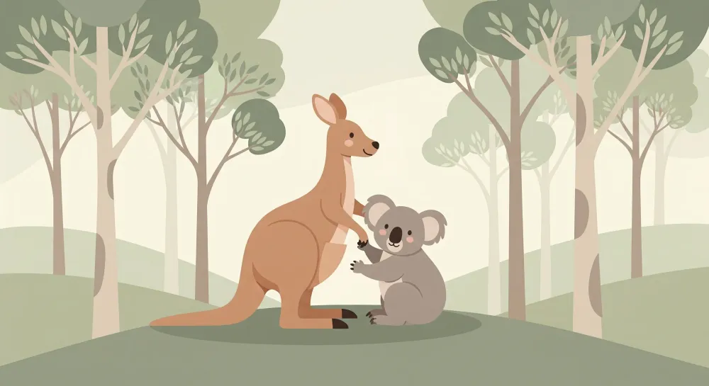 Gyermekszoba tapéta | Kenguru és koala egy lágy és nyugtató tájban